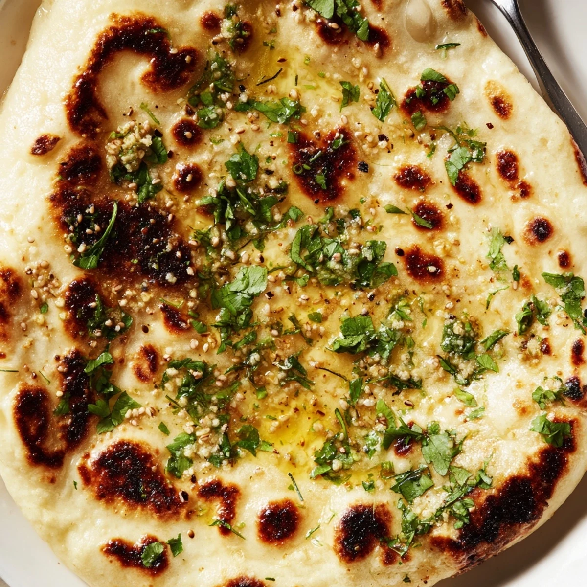 Warm Garlic Naan Bread with Nigella Seeds stacked high, ready to be served alongside a hearty Indian curry.