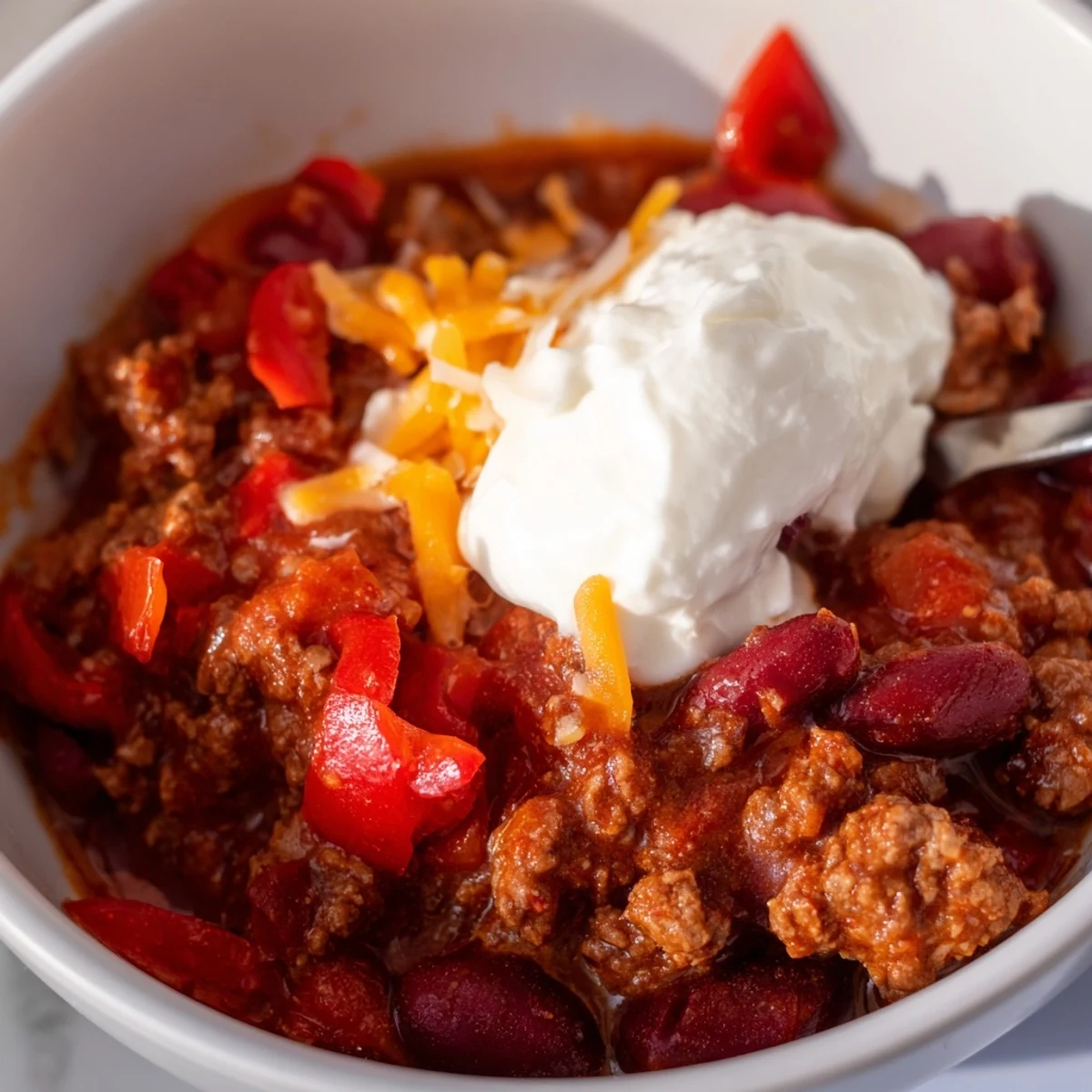 Spicy Beef and Kidney Bean Chili simmering in a Dutch oven with chunks of tender beef and kidney beans.
