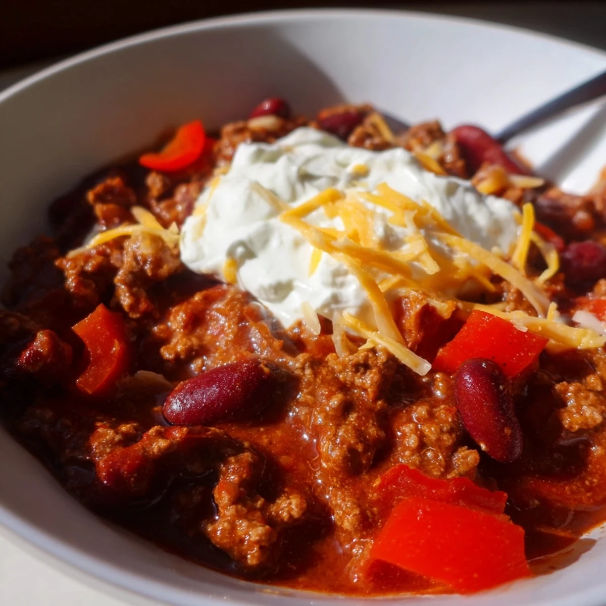 Steaming bowl of Spicy Beef and Kidney Bean Chili topped with sour cream, cheddar, and cilantro.