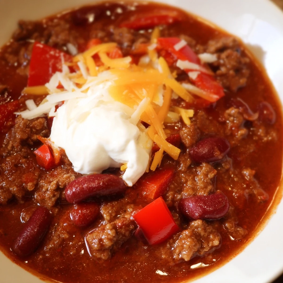 A hearty serving of Spicy Beef and Kidney Bean Chili alongside warm cornbread and a sprinkle of green onions.