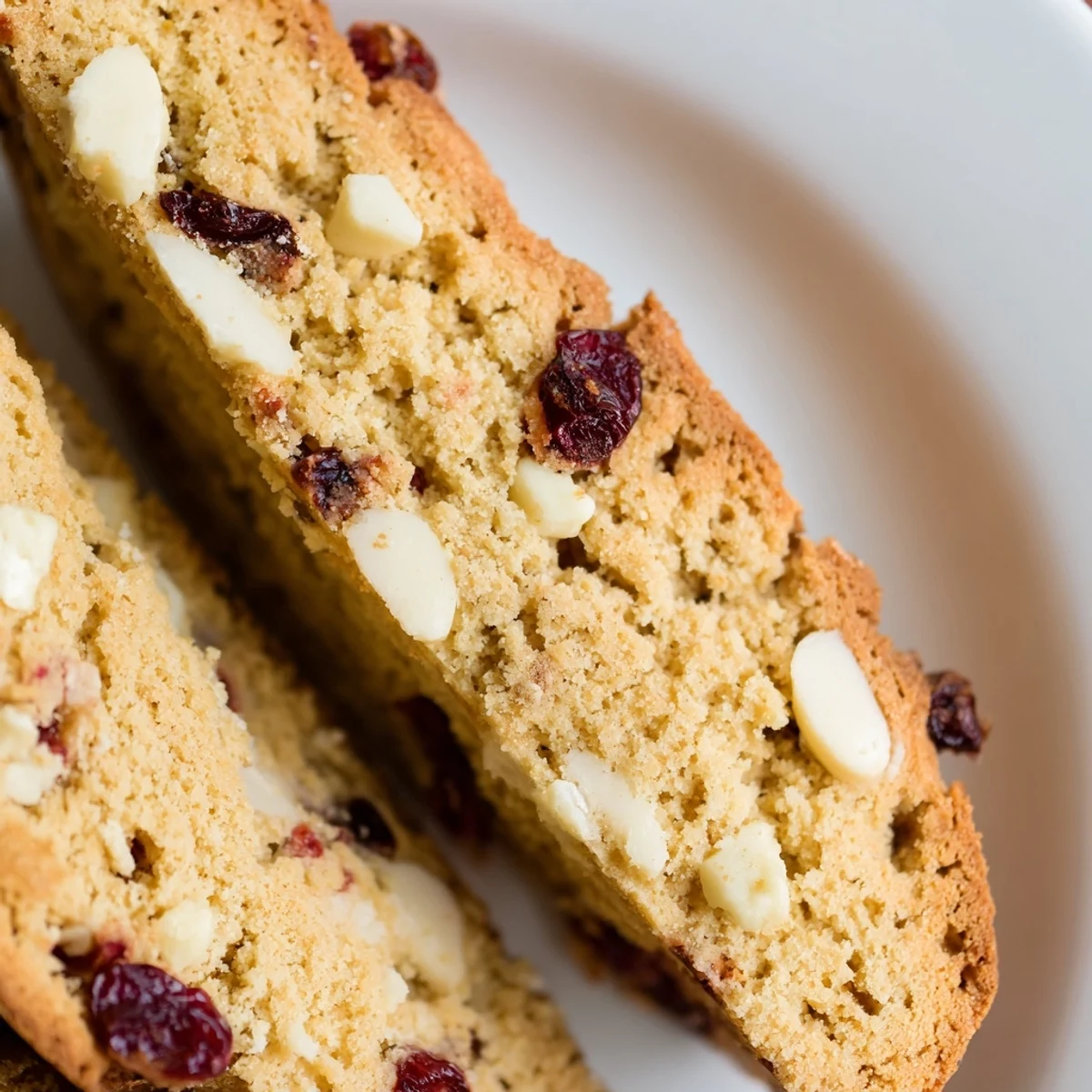 Crisp Cranberry and White Chocolate Biscotti, with golden edges and bright red berries, rest on a cooling rack.