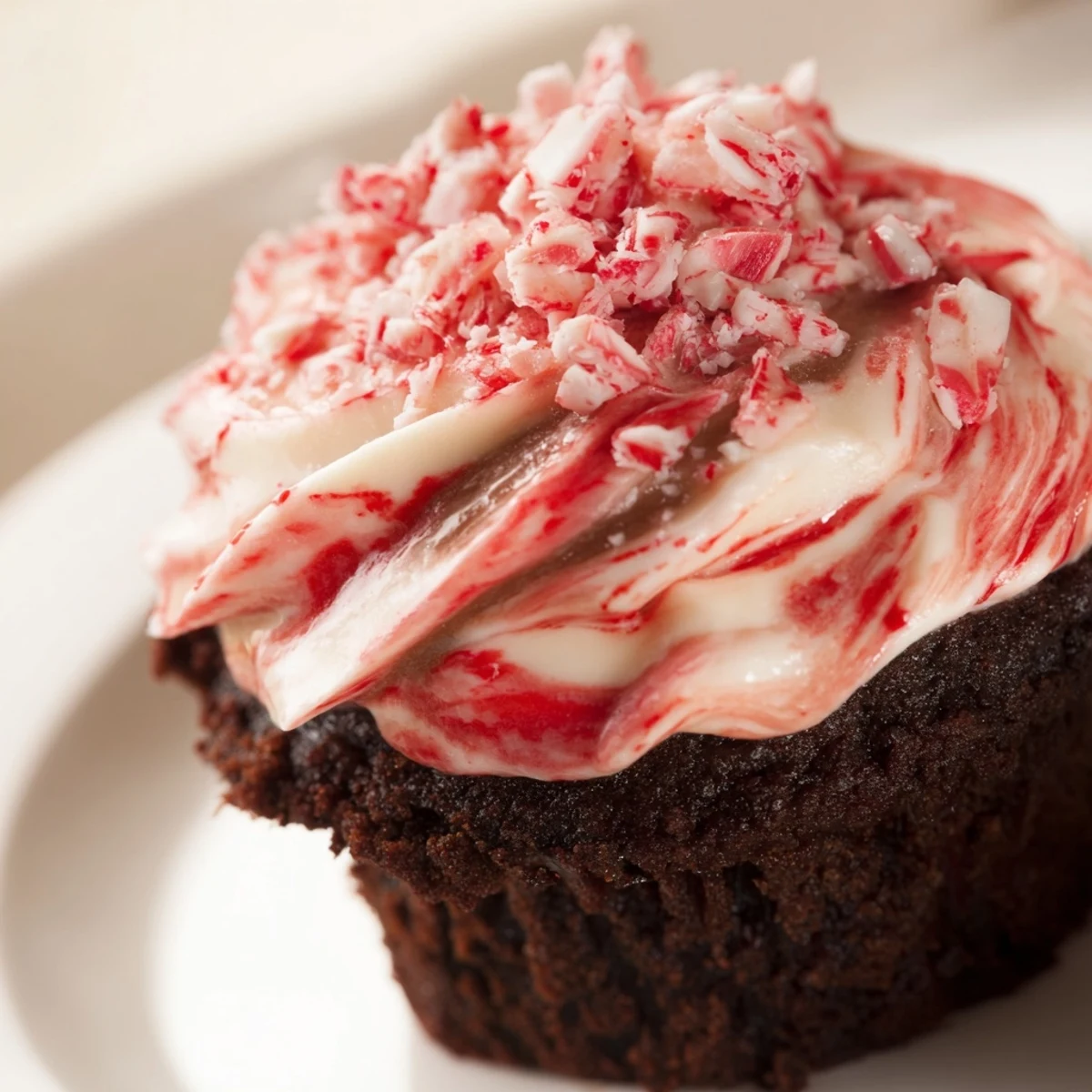 Moist Chocolate Peppermint Swirl Cupcakes topped with creamy frosting and crushed candy canes, perfect for holiday dessert trays.