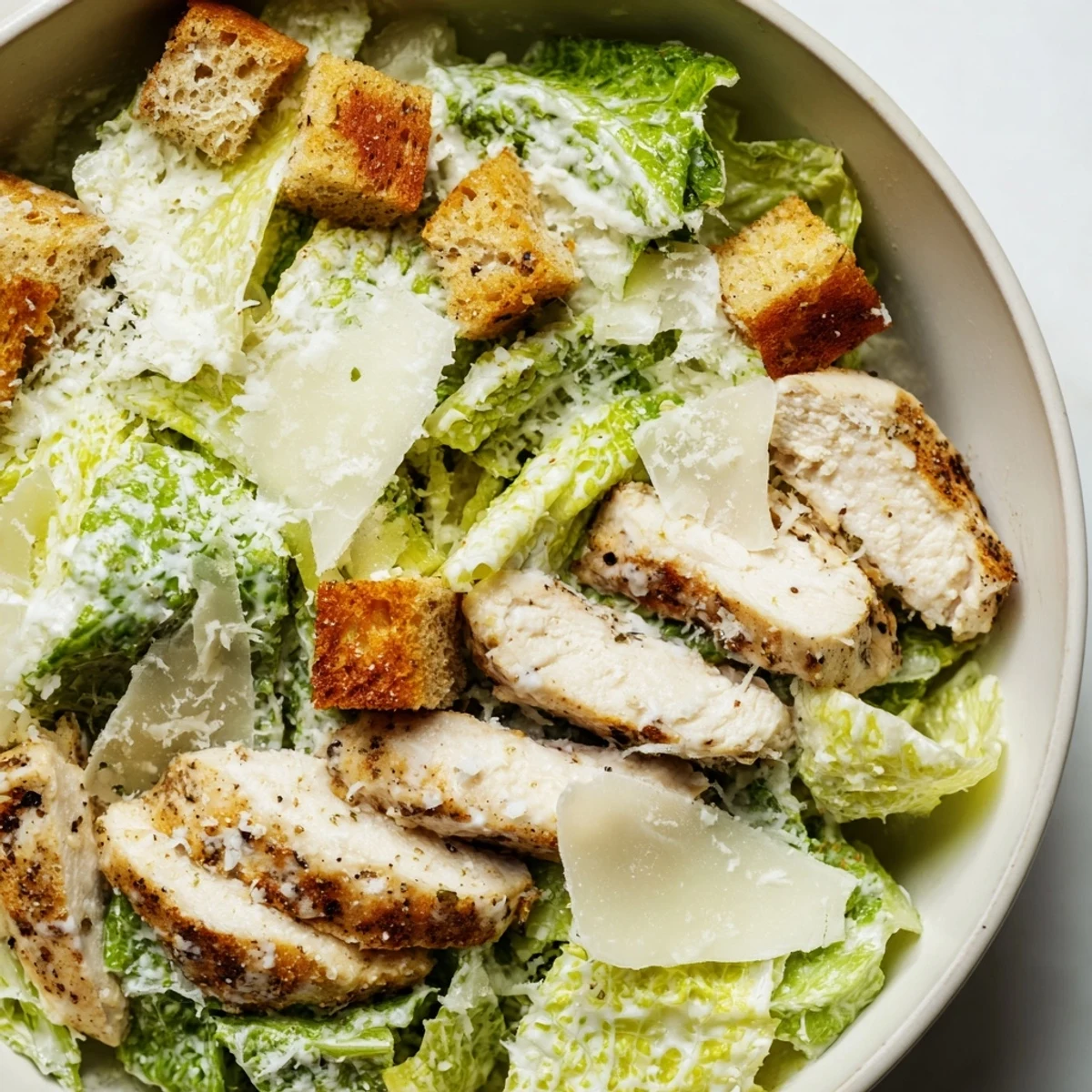 A creamy Caesar dressing drizzles over the top, completing this savory Italian-American main dish.