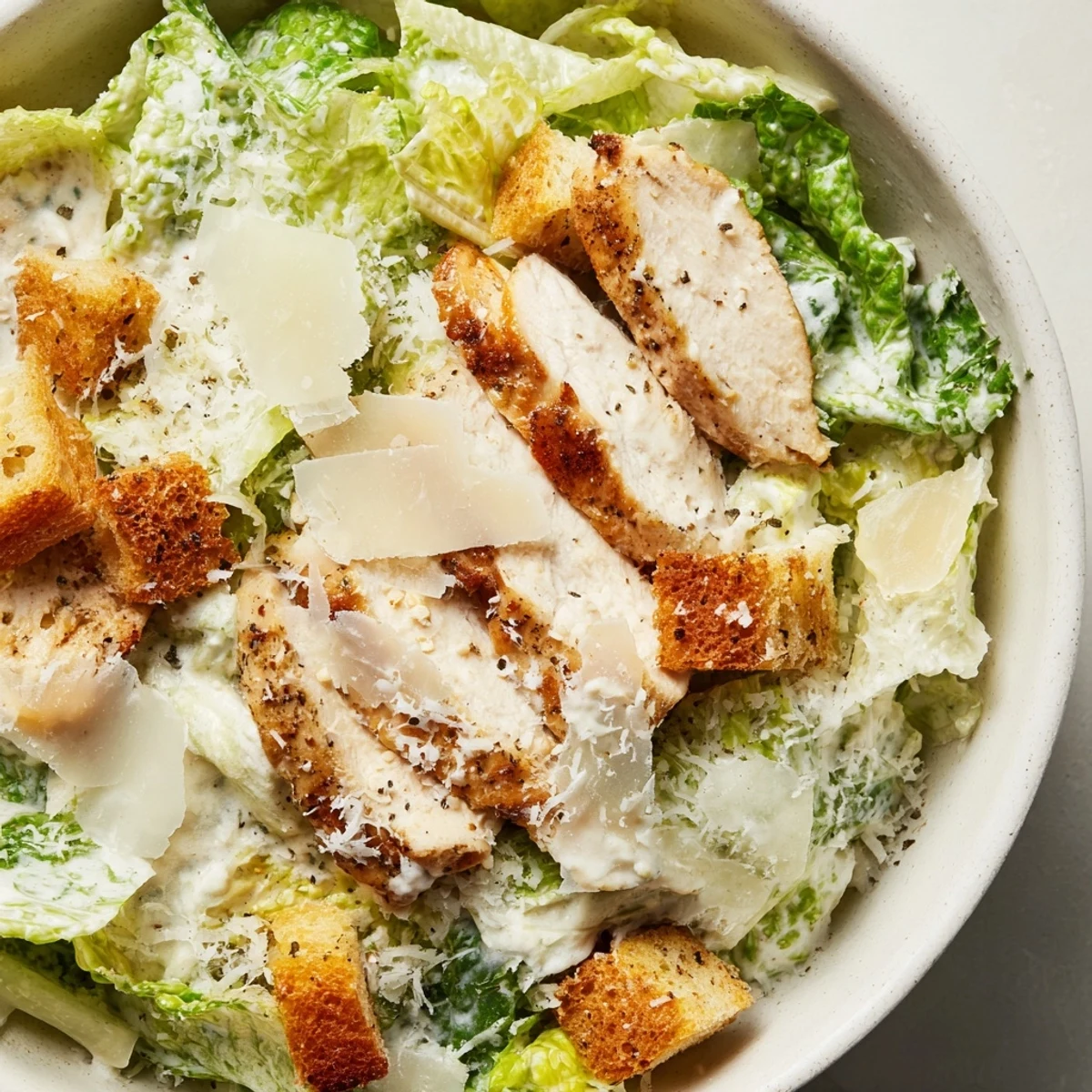 Freshly grilled chicken slices rest on crisp romaine lettuce in Classic Caesar Salad with Grilled Chicken.