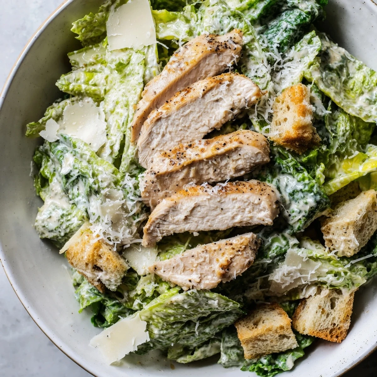 Chopped croutons and shaved Parmesan cheese are scattered over the vibrant green salad leaves.