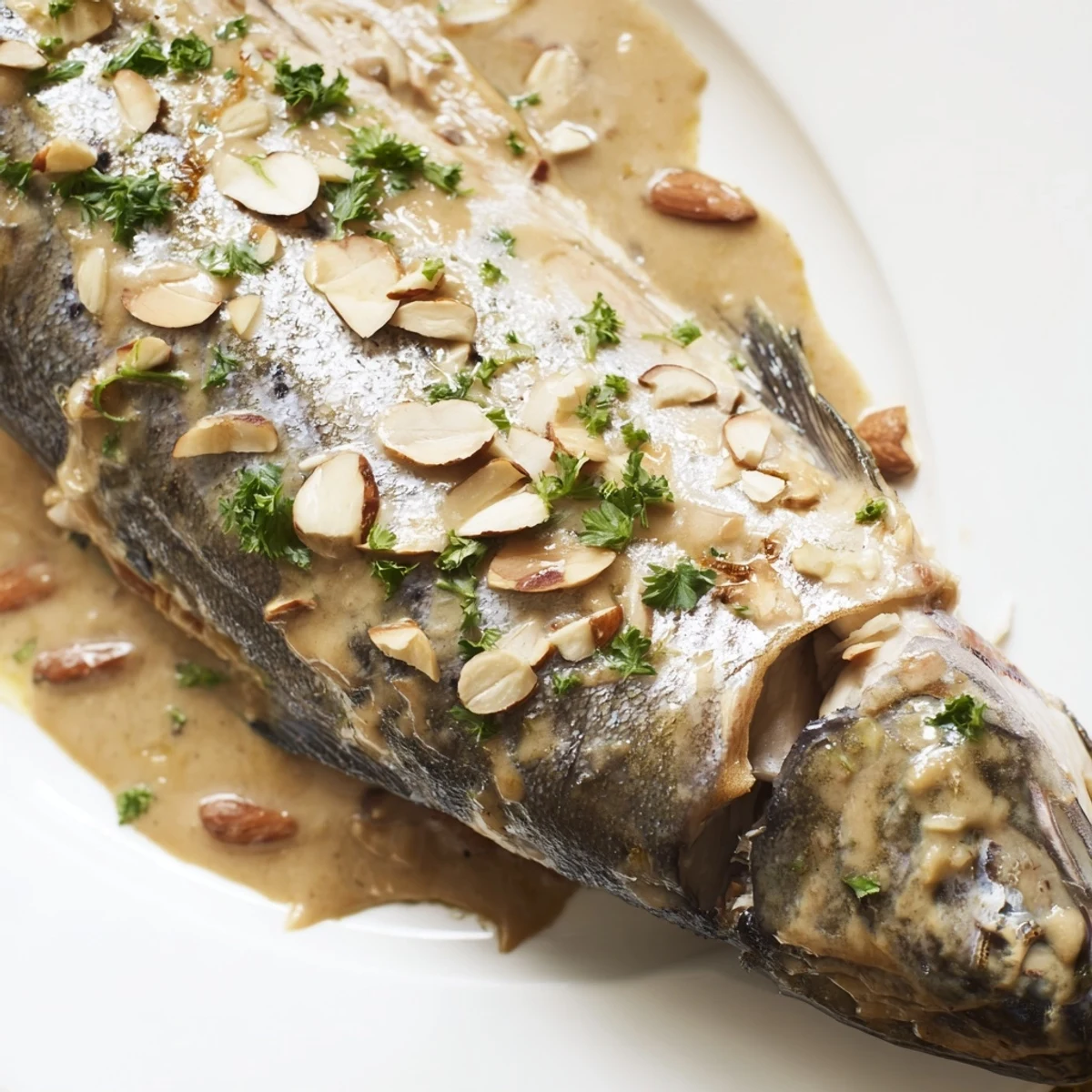Golden-brown whole baked trout with almond butter sauce is plated with fresh herbs and lemon slices.