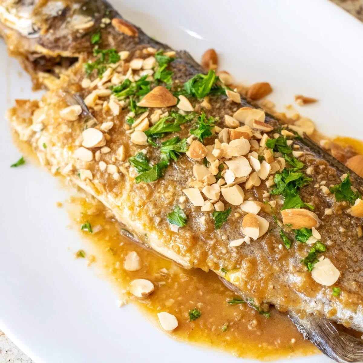 A rustic serving of baked trout with almond butter is garnished with herbs and lemon wedges.