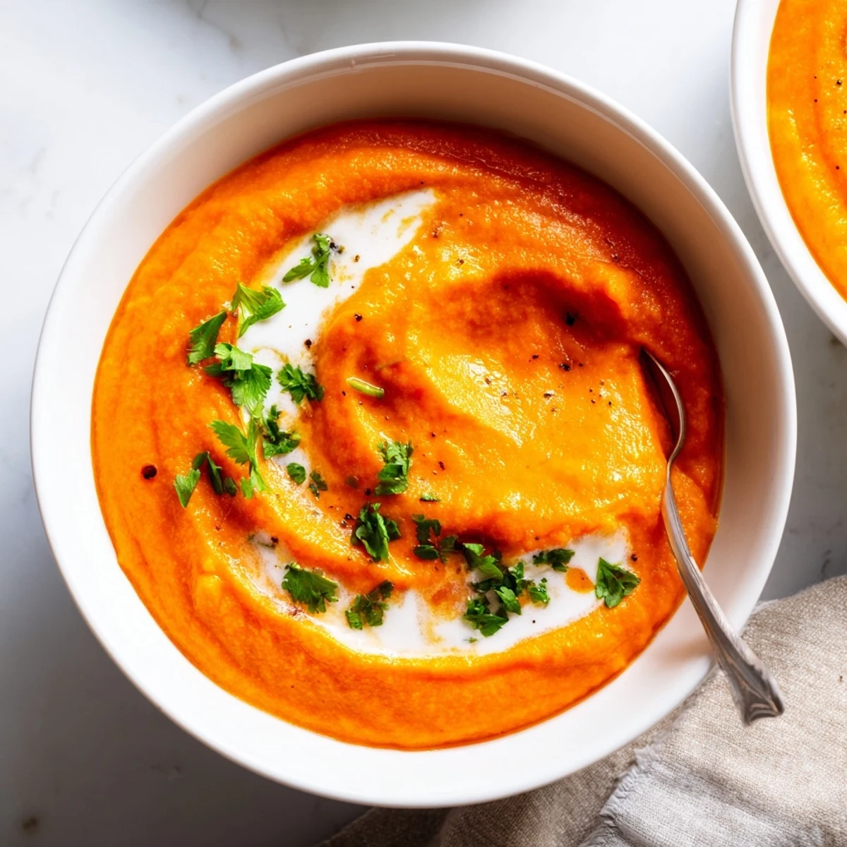 A bowl of creamy Roasted Red Pepper and Sweet Potato Soup garnished with fresh coriander and a swirl of coconut cream.