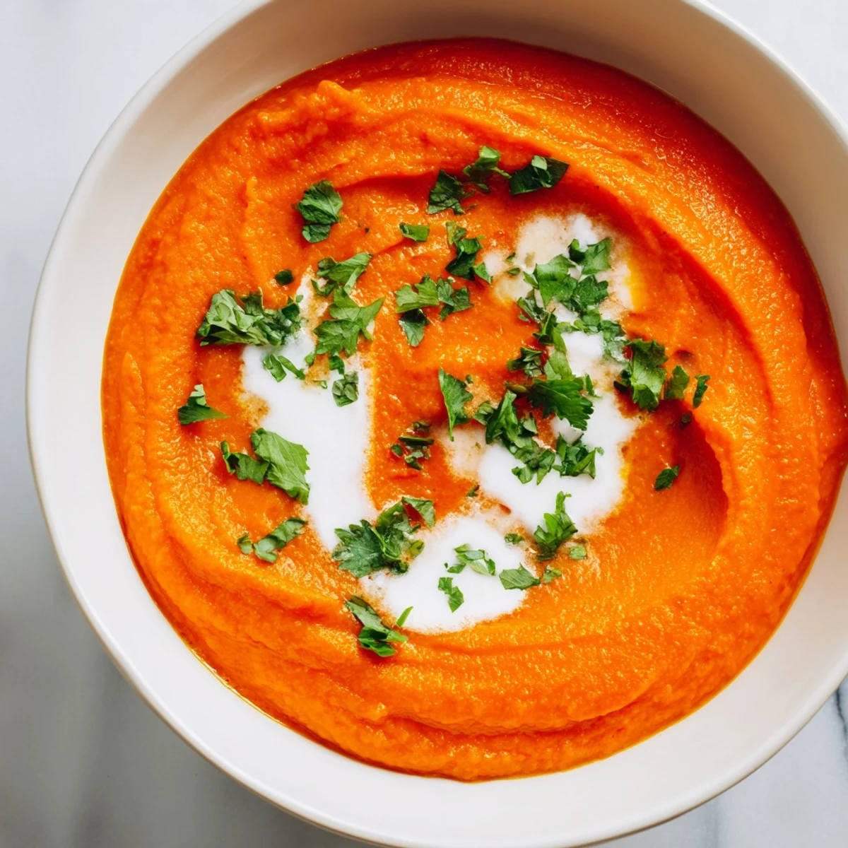 Vibrant Roasted Red Pepper and Sweet Potato Soup served warm with crusty bread for dipping.