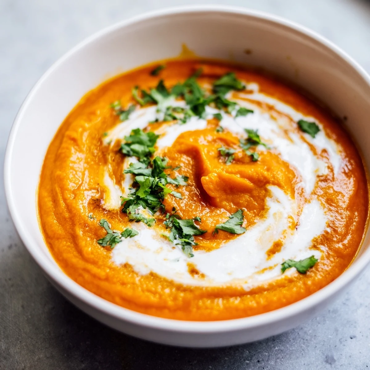 Roasted Red Pepper and Sweet Potato Soup blended smooth in a rustic pot with smoked paprika visible.