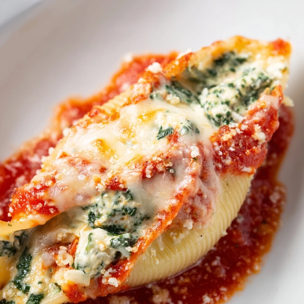 Golden baked Spinach and Ricotta Stuffed Conchiglie pasta shells are bubbling with rich tomato sauce and melted mozzarella cheese.