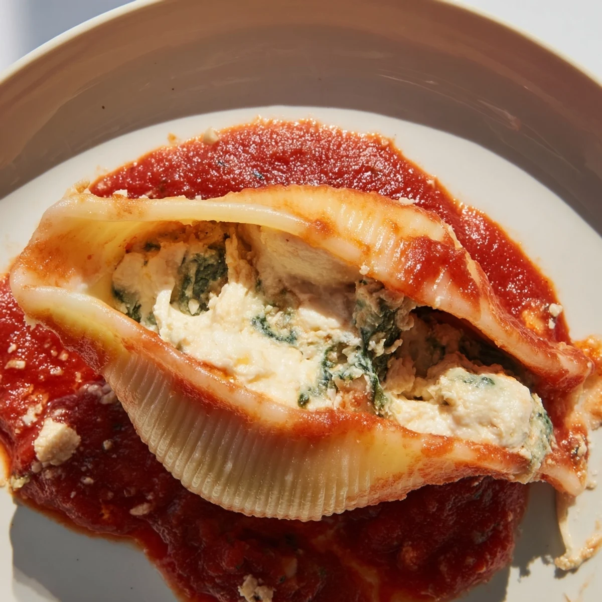 Rustic wooden table holding a dish of Spinach and Ricotta Stuffed Conchiglie, featuring creamy filling and savory red sauce.