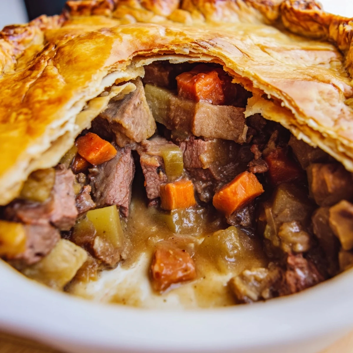 A freshly baked Savory Beef and Ale-Free Pie sits beside creamy mashed potatoes and steamed greens.
