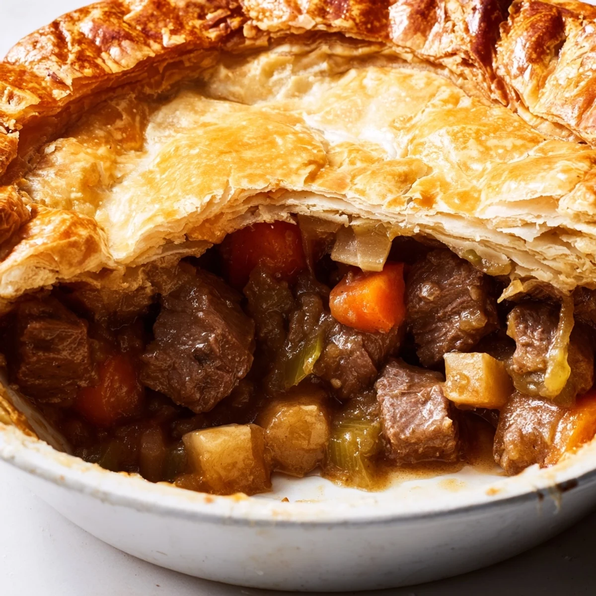 Rustic Savory Beef and Ale-Free Pie reveals a rich, dark gravy filling with diced carrots and celery.