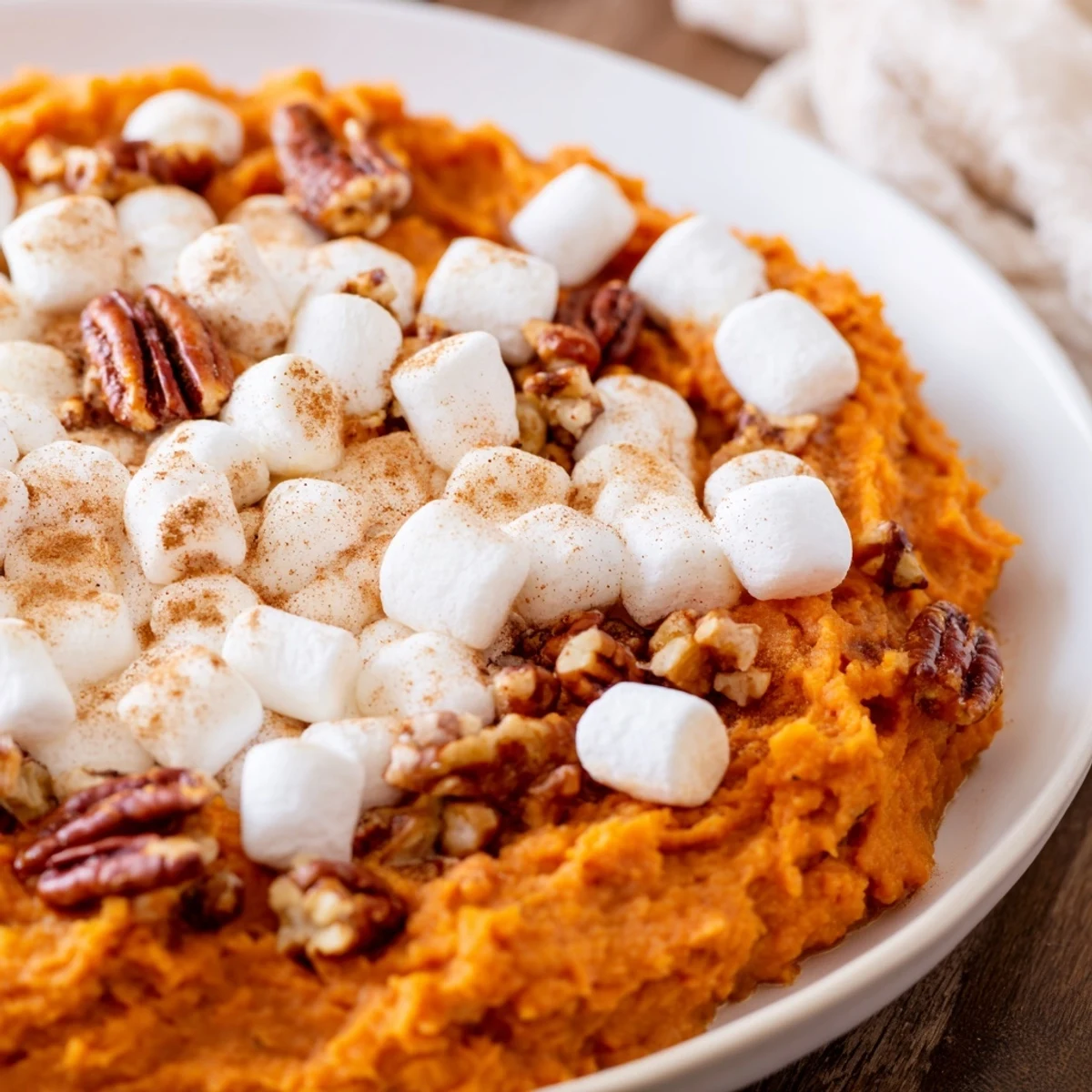 Steamed sweet potatoes are mashed with butter, brown sugar, and spices, creating a creamy orange base for the casserole.