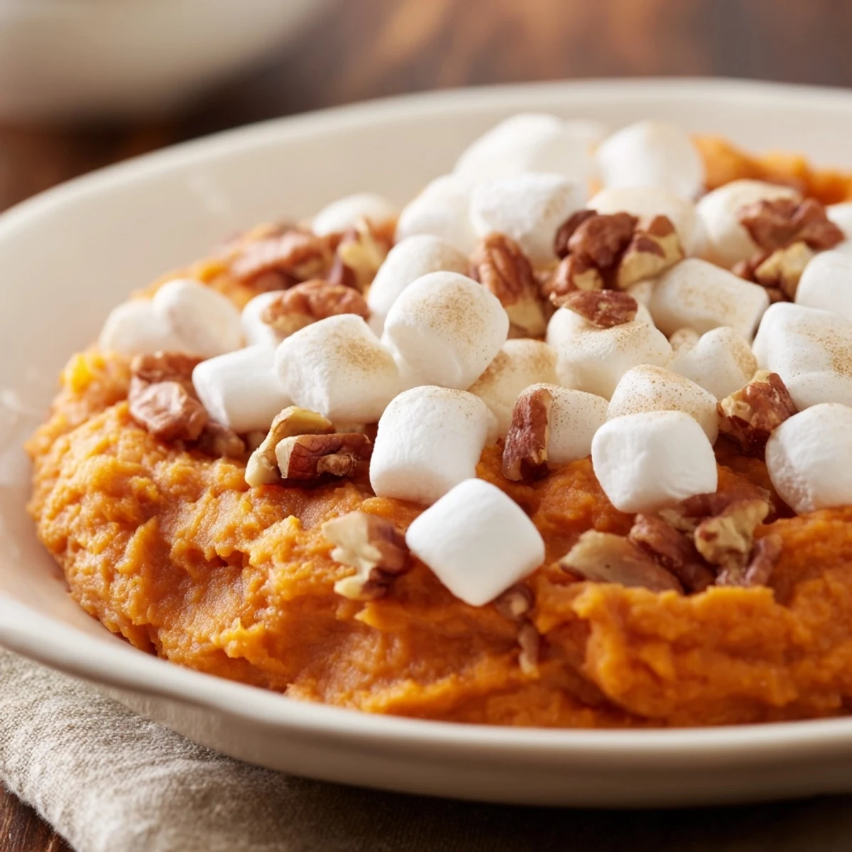 Freshly baked casserole features a golden brown, gooey toasted marshmallow topping that’s bubbling and slightly charred.