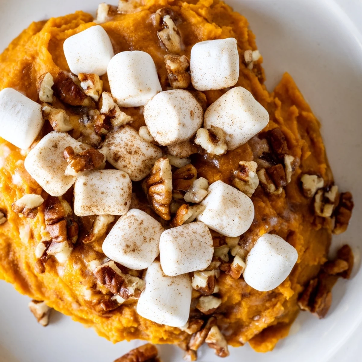 Golden-brown toasted marshmallows melt over a creamy sweet potato casserole, topped with chopped pecans and a wooden spoon.
