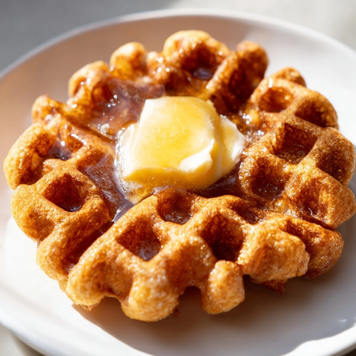 Steamy Crispy Waffle with Syrup served warm with a pat of butter melting into the squares.