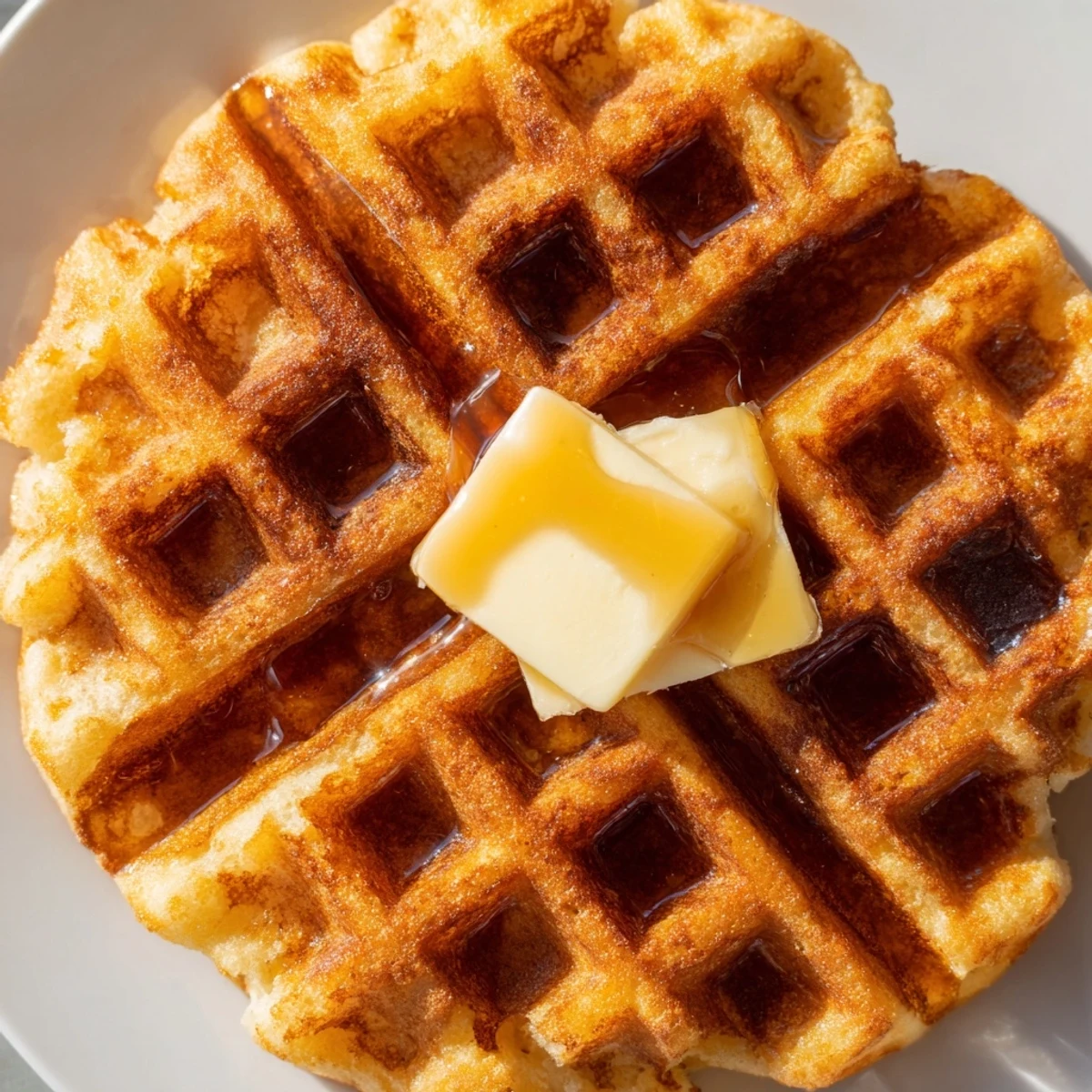 Close-up of Crispy Waffle with Syrup showing a light, fluffy interior and crunchy golden edges.