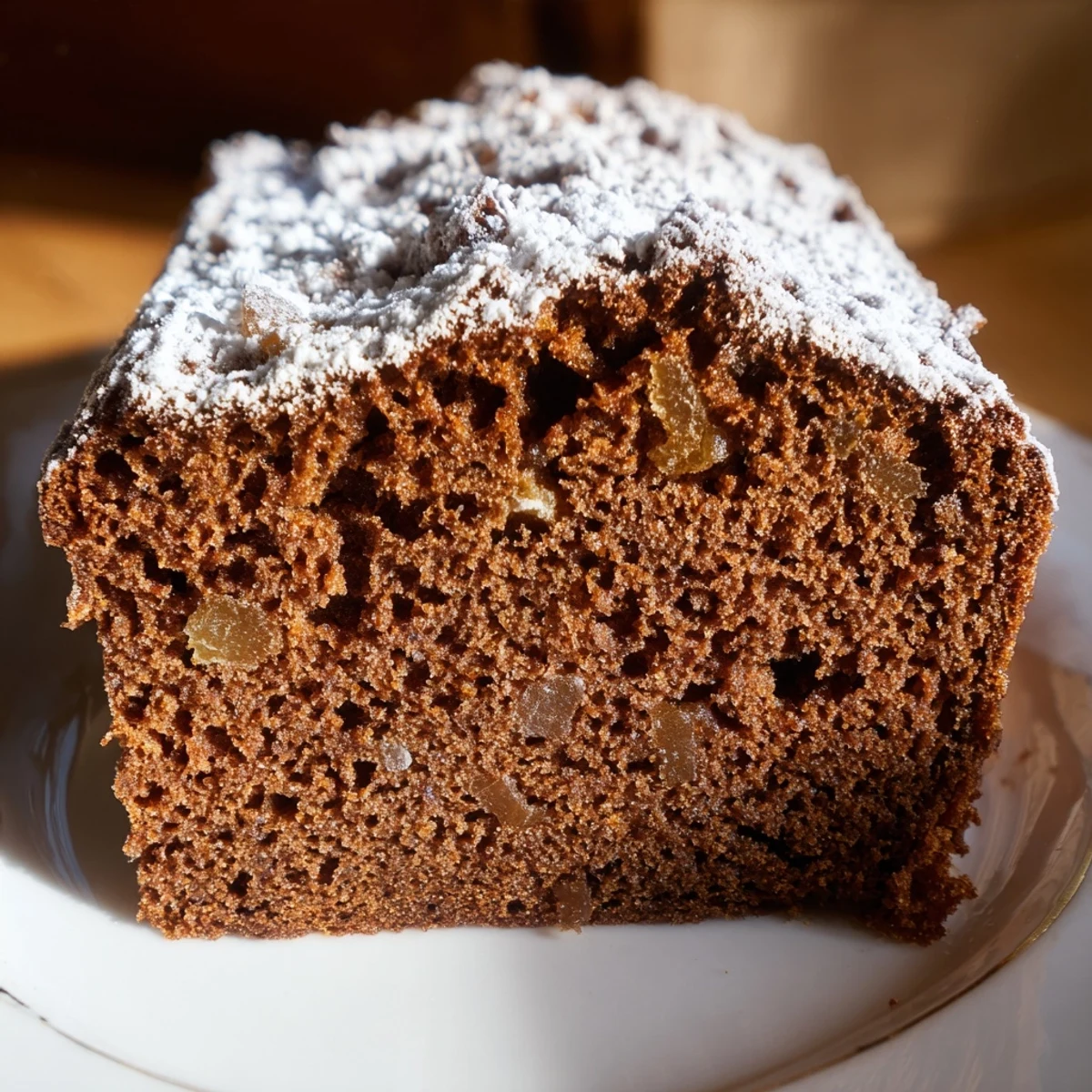 Freshly baked gingerbread loaf with powdered sugar dusting on a rustic wooden table