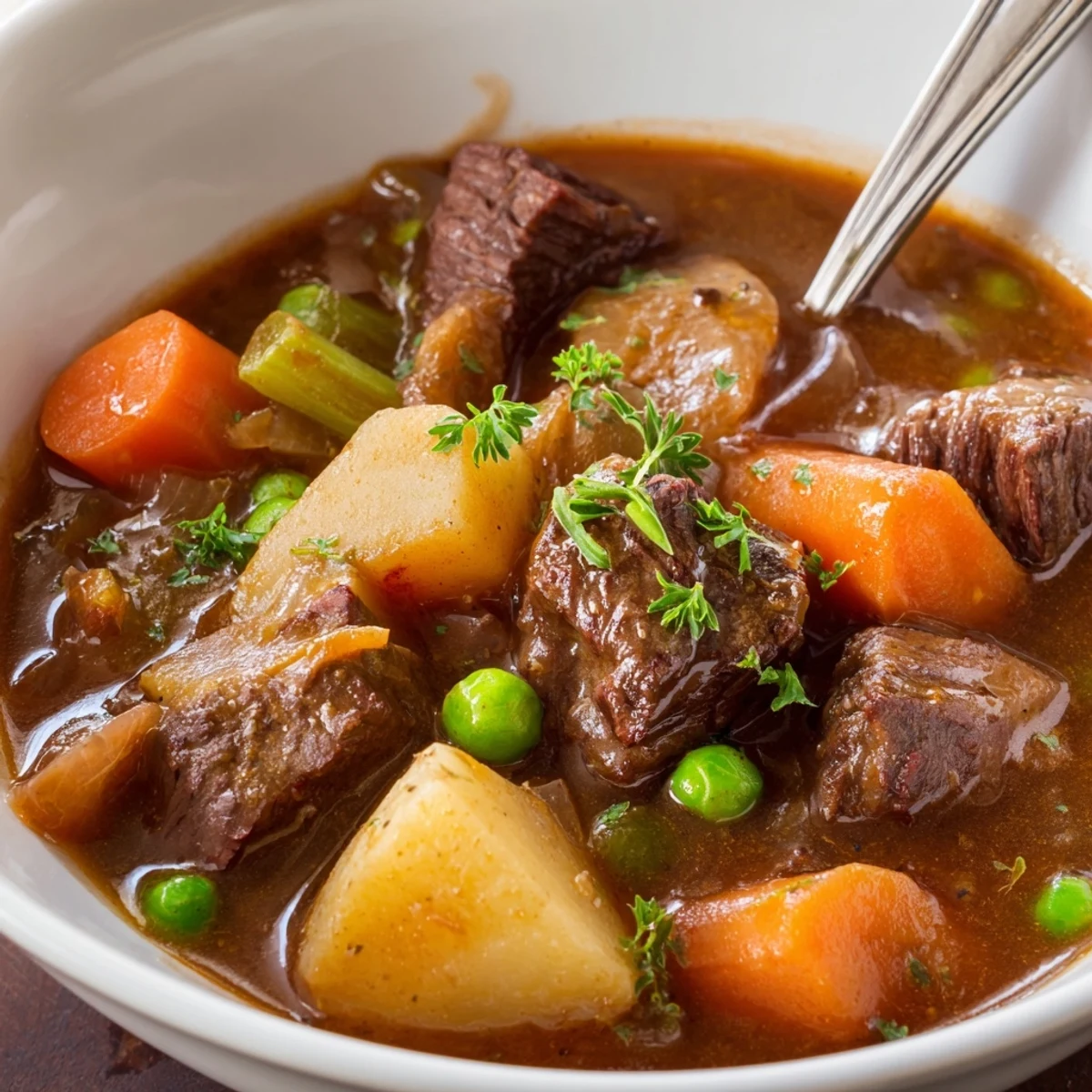 Slow-simmered Beef Stew with Vegetables in a rich broth with fork-tender beef, carrots, and potatoes, served in a rustic bowl.
