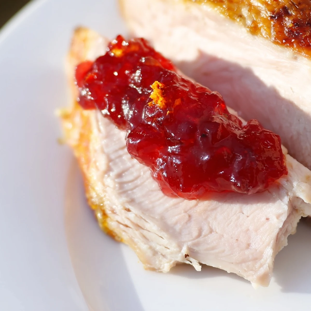 A rustic Thanksgiving table featuring golden roasted turkey breast slices and a glass bowl of glistening homemade cranberry jelly.