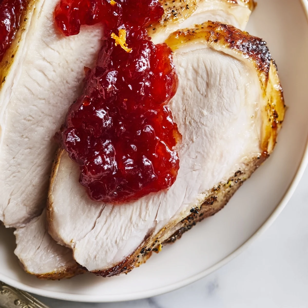 Festive cranberry jelly made with fresh cranberries and orange zest served alongside succulent turkey for a holiday main dish.