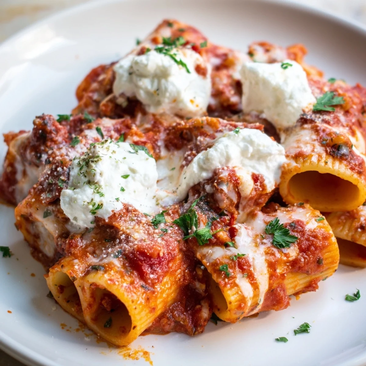 A serving of homemade baked ziti with cheese, featuring tubular pasta coated in rich tomato sauce and topped with gooey, golden-brown melted mozzarella.