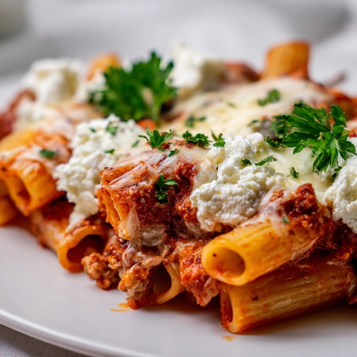 Freshly baked baked ziti with cheese scooped from a 9x13 inch casserole dish, showing bubbling marinara and ricotta layers next to a green salad.