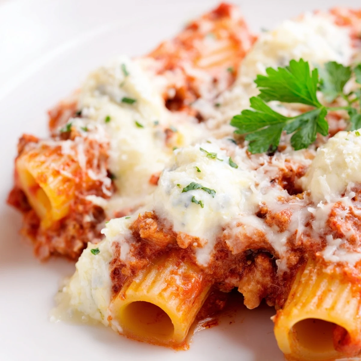 Close up view of a hearty slice of baked ziti with cheese on a white plate, highlighting the steam rising from the melted cheese topping.