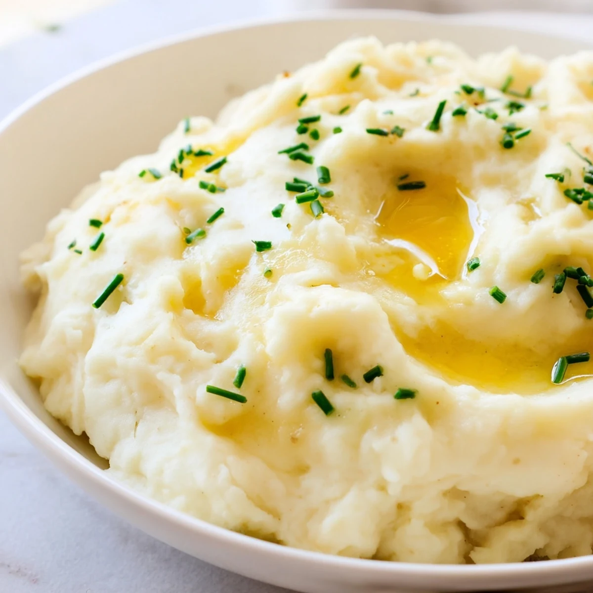 A close-up of Roasted Garlic Mashed Potatoes in a rustic bowl, topped with fresh chopped chives.