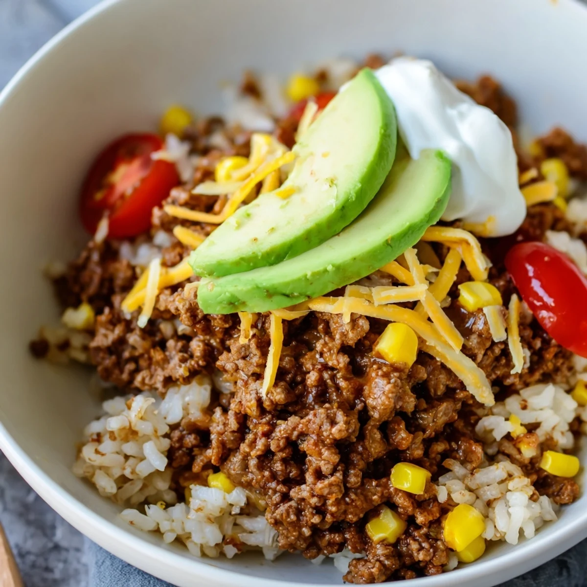 A hearty bowl of Beef Burrito Bowls with Cilantro Lime Rice featuring black beans, corn, cherry tomatoes, and sour cream.