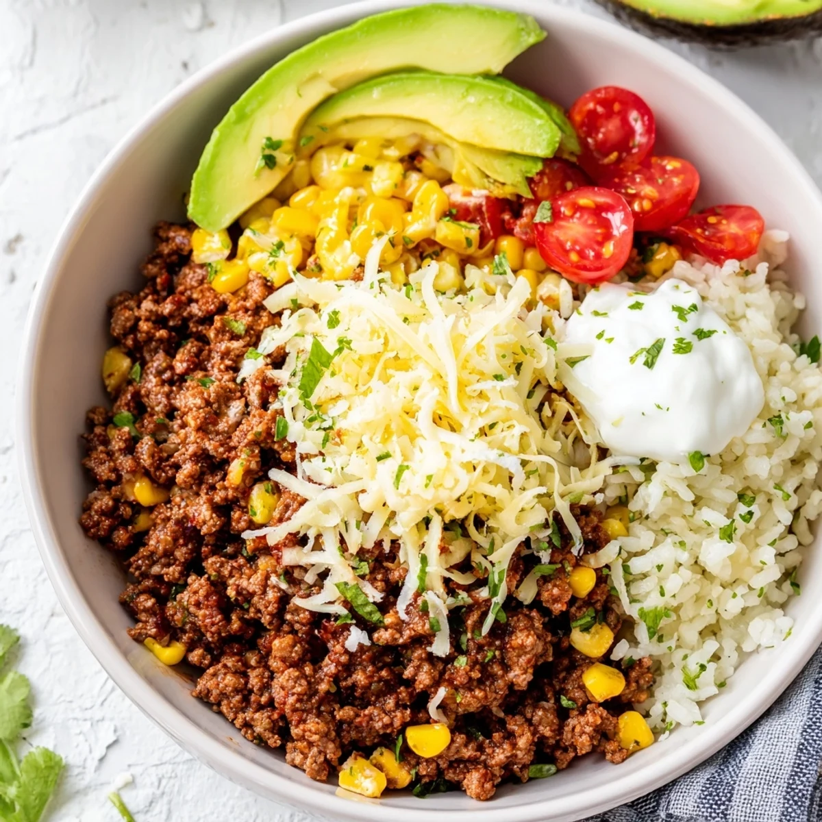Ready-to-serve Beef Burrito Bowls with Cilantro Lime Rice garnished with jalapeños and fresh cilantro, perfect for a quick weeknight meal.