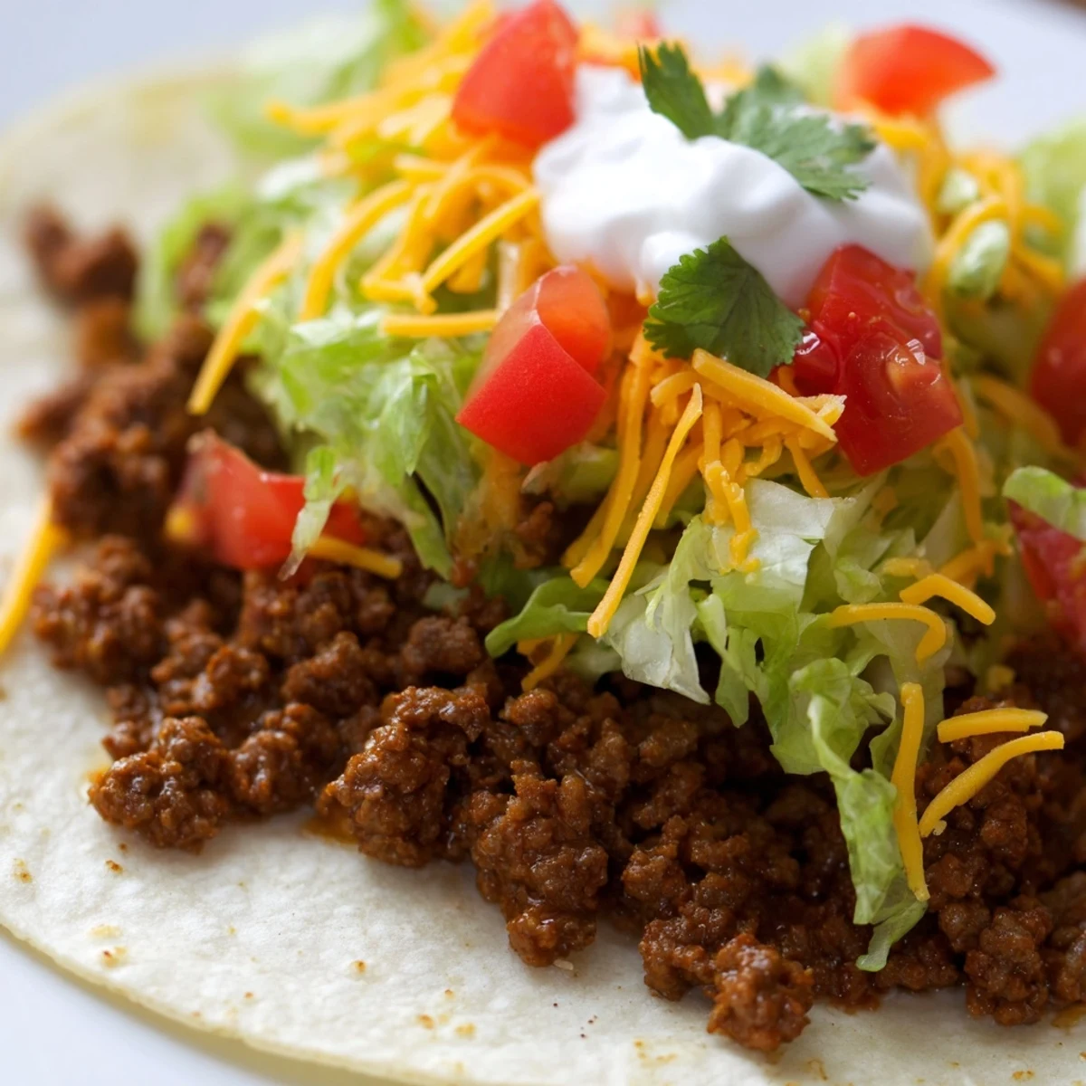 Golden brown seasoned ground beef simmers in a skillet with tomato paste, ready to fill warm tortillas for Beef Tacos with Homemade Taco Seasoning.