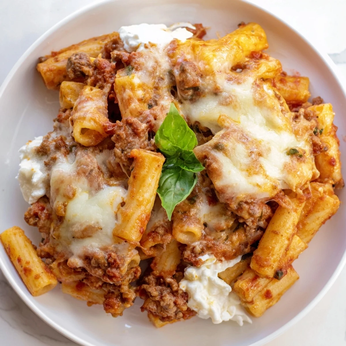 Serving suggestion of Baked Ziti with Ground Beef and Mozzarella plated with a crisp green side salad.