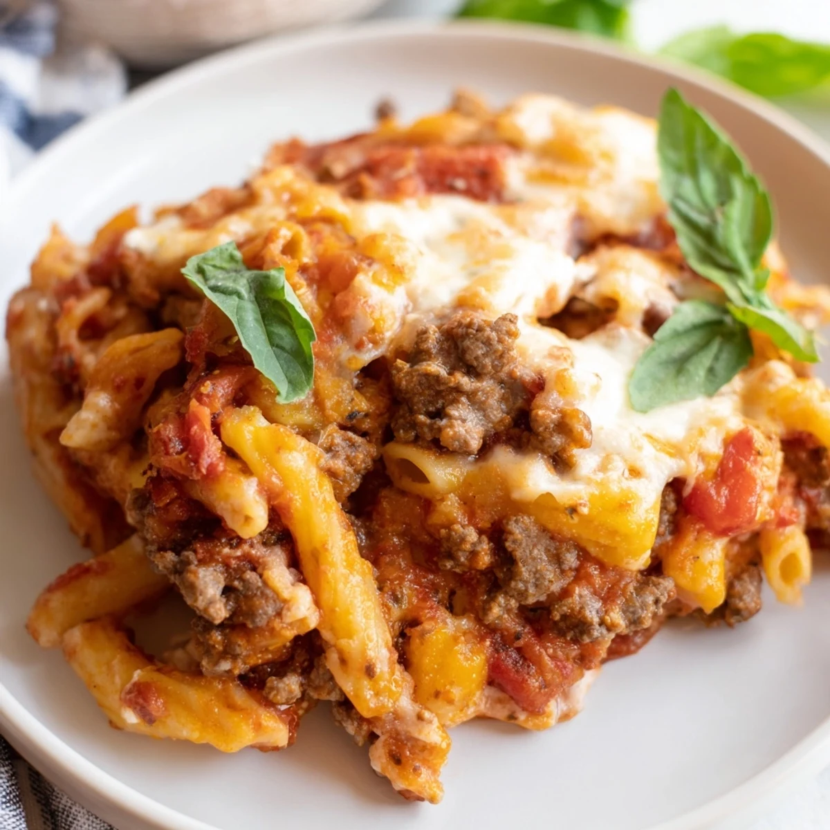 Close up of Baked Ziti with Ground Beef and Mozzarella featuring rich red sauce and melted mozzarella pull.