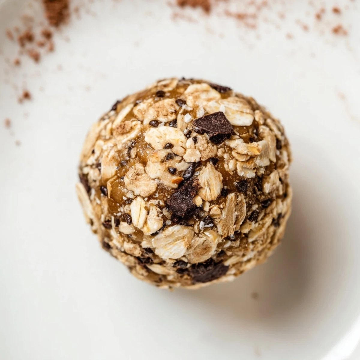 A no-bake snack of Chocolate Peanut Butter Energy Balls on a plate, with oats, chia seeds, and chopped peanuts.