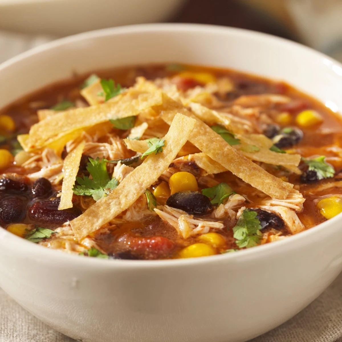 Close-up of homemade tortilla strips topping Chicken Tortilla Soup, with lime wedges and black beans visible.