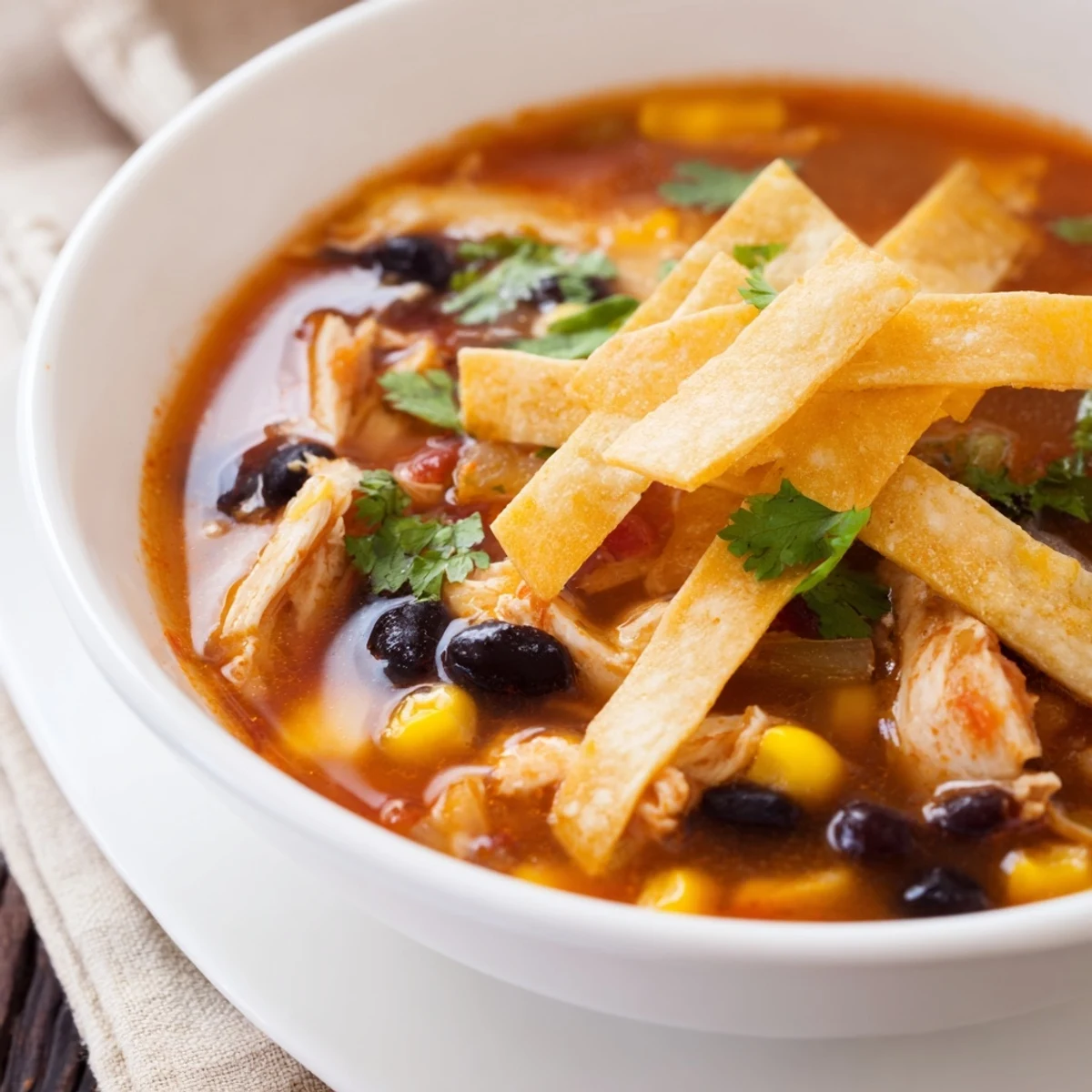 Steamy Chicken Tortilla Soup with Crispy Strips in a rustic bowl, ready to serve with cheese and sour cream.