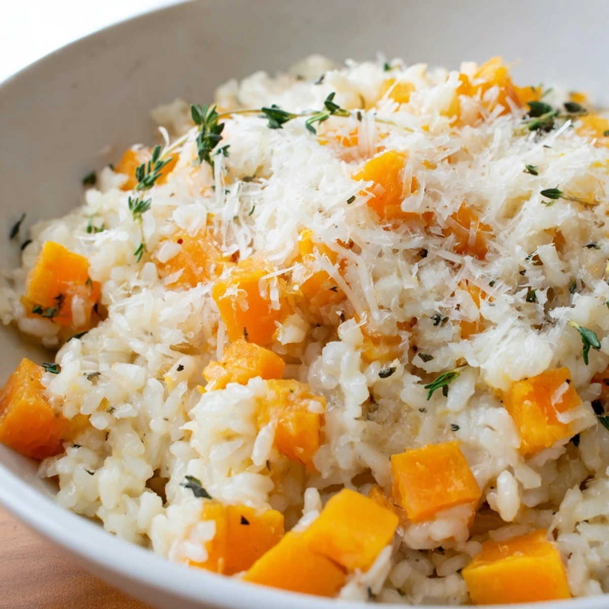 A bowl of Winter Squash Risotto with Parmesan topped with fresh thyme and melted butter.