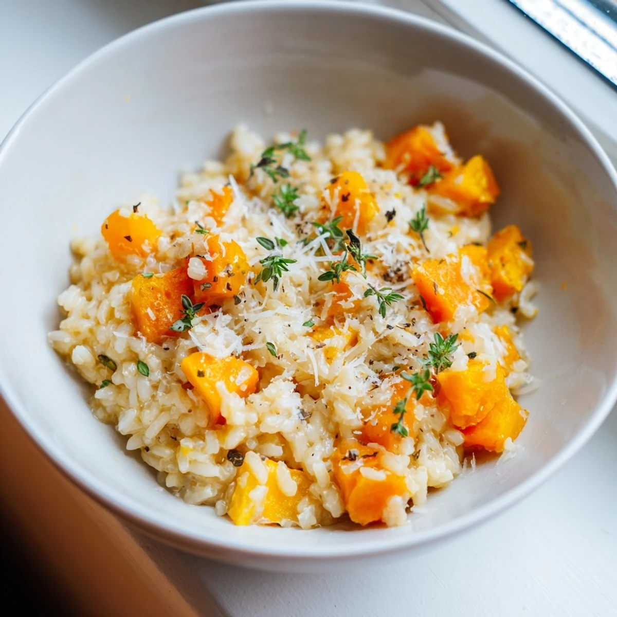 Steaming Winter Squash Risotto with Parmesan in a white bowl, ready to serve for dinner.