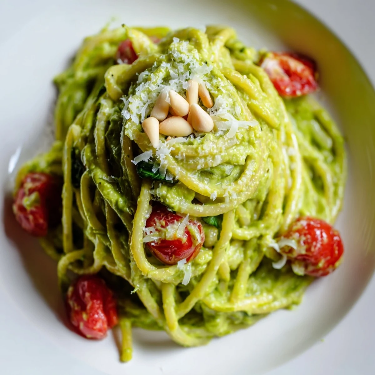 Creamy Avocado Lime Pasta with Cherry Tomatoes tossed in a vibrant green sauce, garnished with fresh basil and toasted pine nuts.
