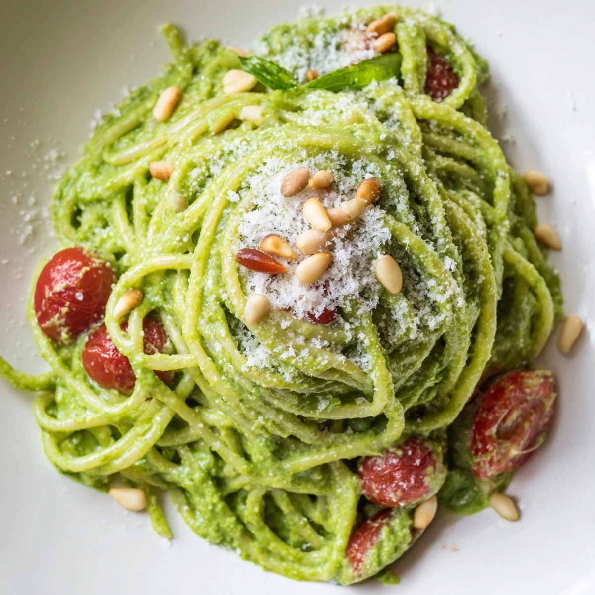 Freshly blended avocado-lime sauce coats spaghetti, with halved cherry tomatoes adding sweet bursts in this easy vegetarian main dish.
