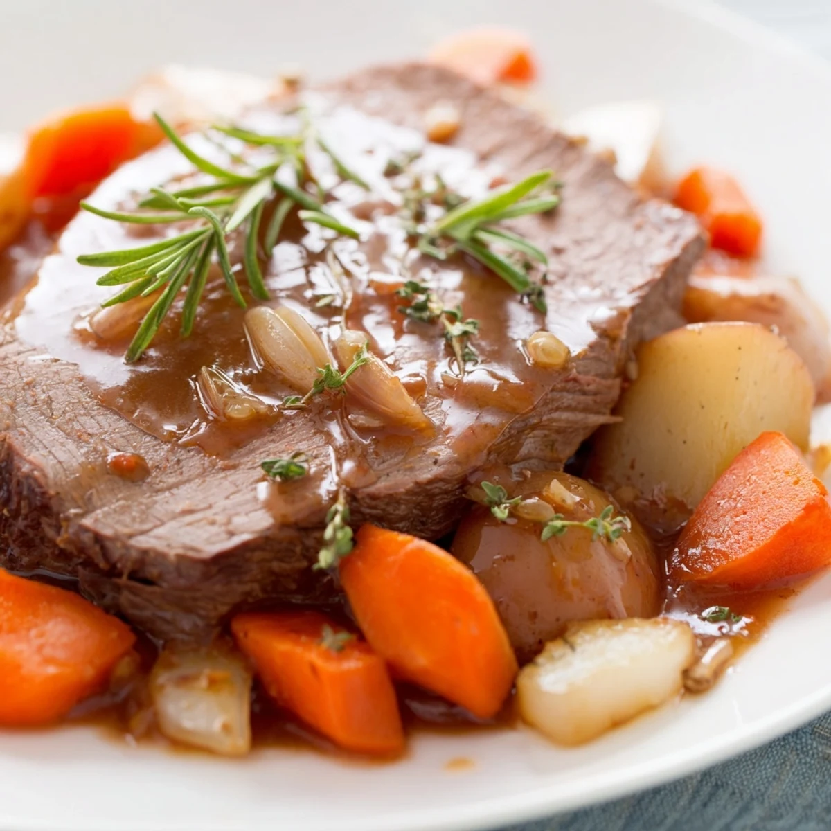 Tender Slow Cooker Beef Roast with carrots and potatoes steaming on a rustic plate.