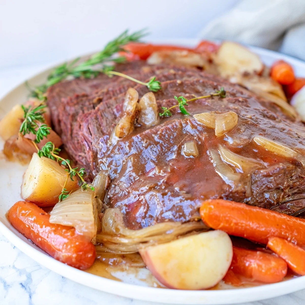 Slow Cooker Beef Roast served with veggies and gravy for a hearty family meal.