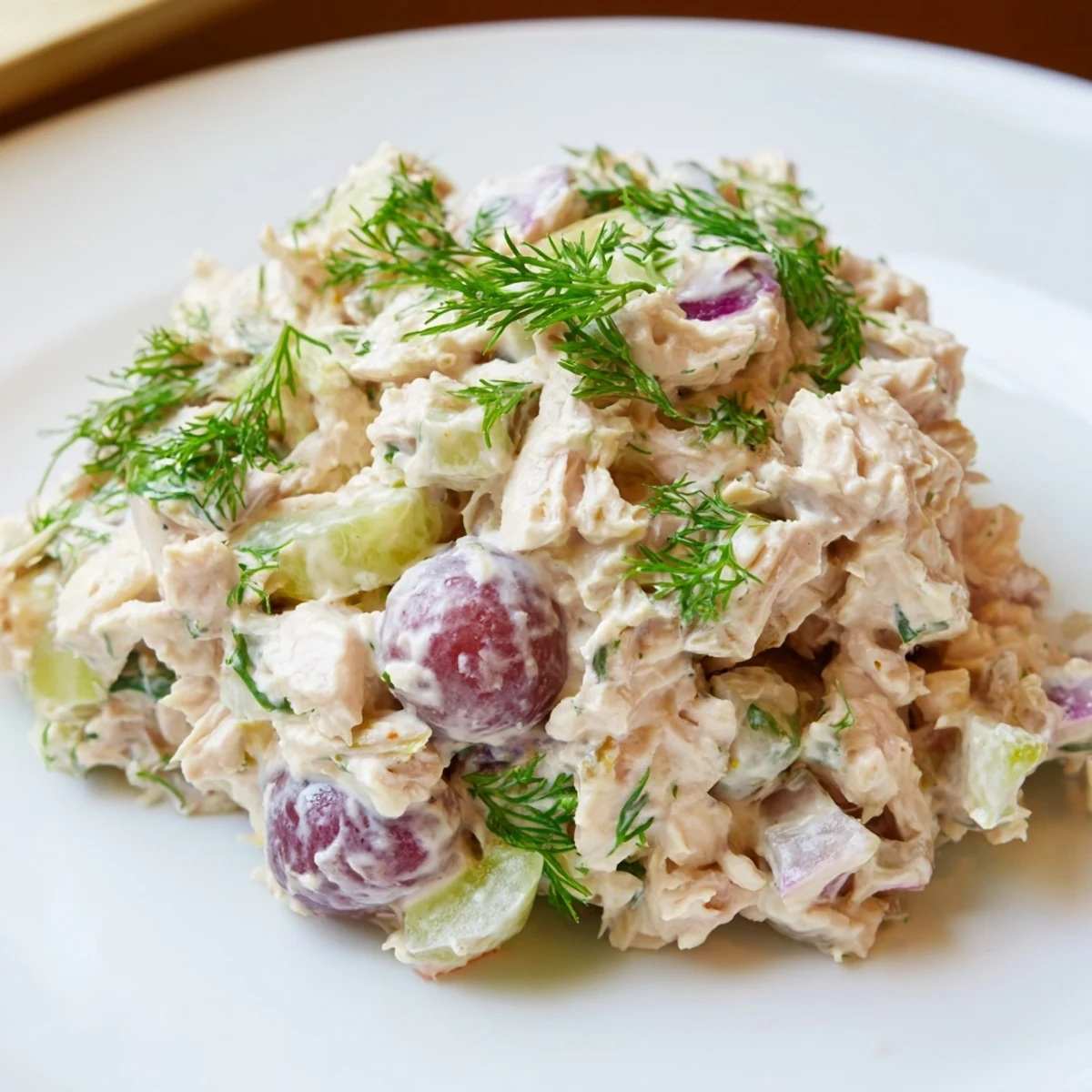 Healthy homemade Chicken Salad Scoop with diced chicken, celery, and fresh herbs in a chilled white bowl.