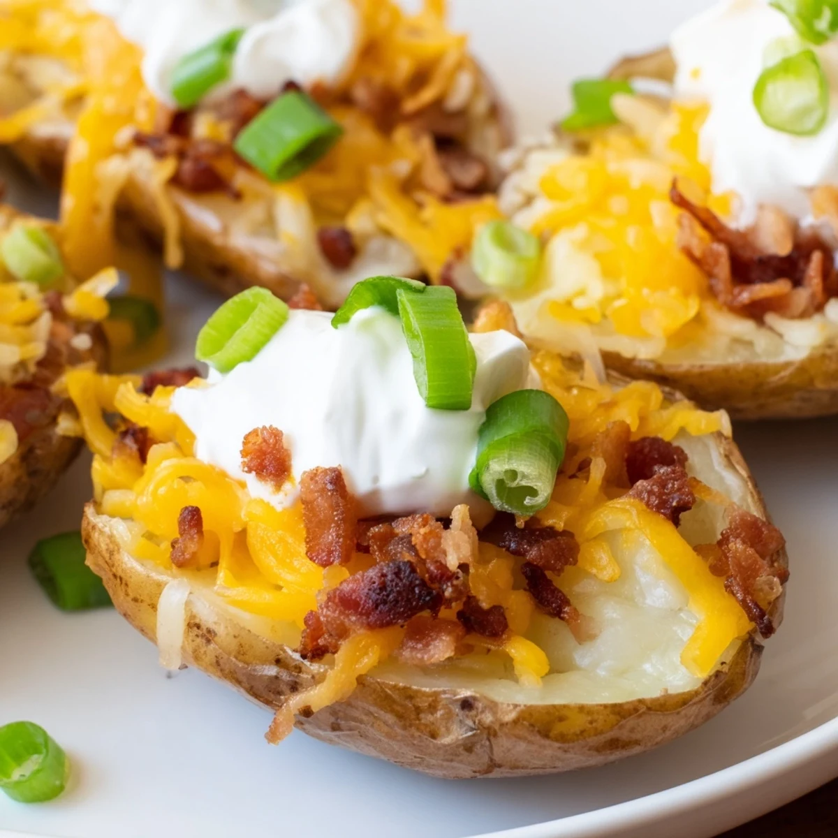 Fresh-baked Crispy Potato Skins topped with scallions, perfect for parties or family movie nights with a gluten-free appetizer spread.