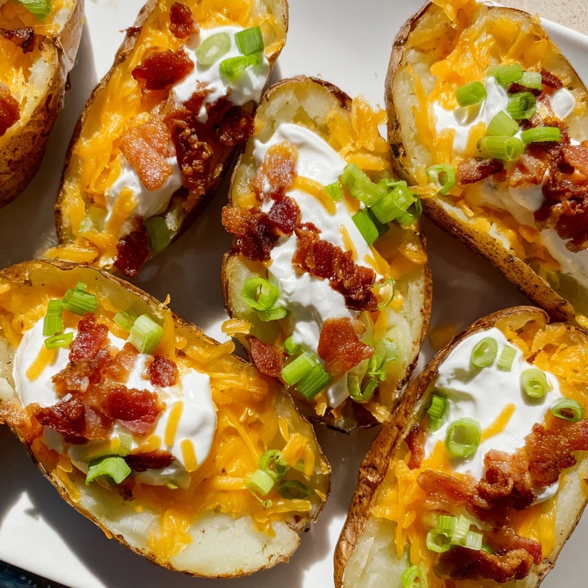 Warm Crispy Potato Skins on a plate, golden edges and bubbling cheese, ready to serve with a drizzle of sour cream.
