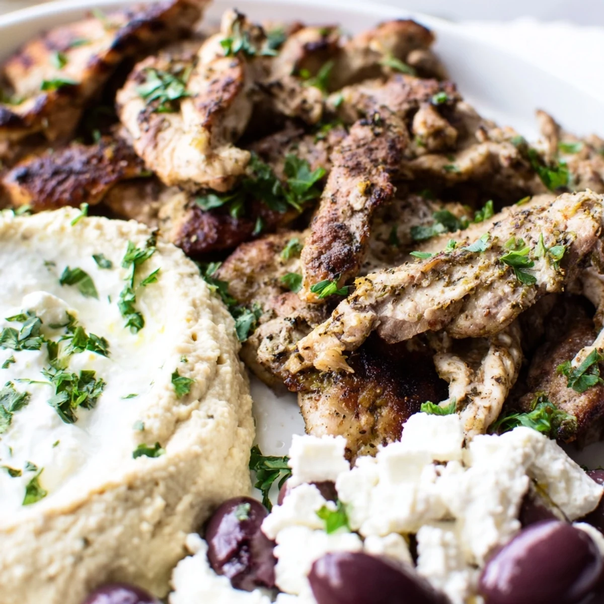 A close-up of a Mediterranean dish platter with grilled meats, hummus, and warm pita bread.