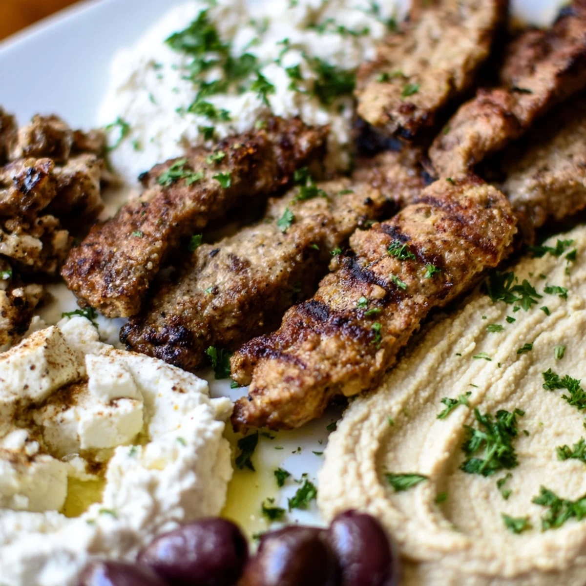 An overhead view of a Mediterranean dish platter with marinated olives, feta, and assorted toppings.